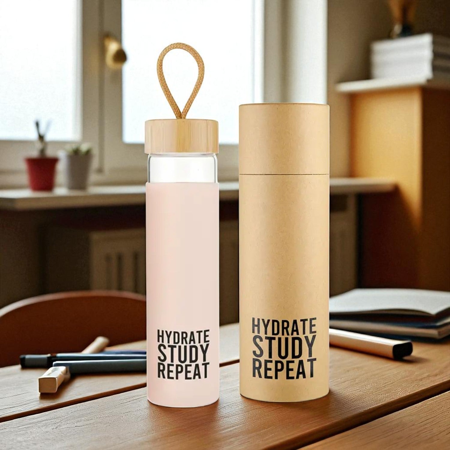 Hydrate, Study, Repeat Glass Bottle w/ Bamboo Lid