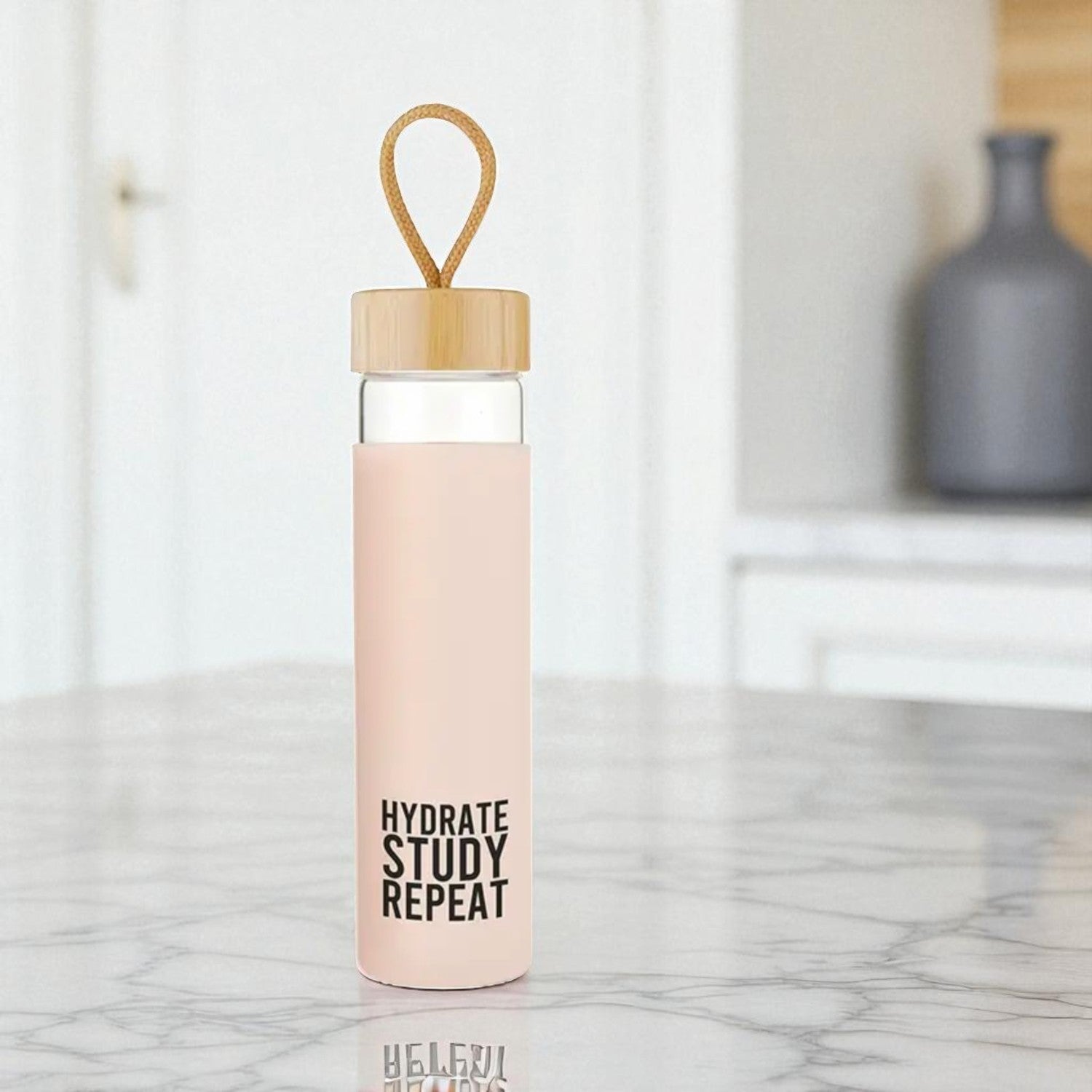 Hydrate, Study, Repeat Glass Bottle w/ Bamboo Lid