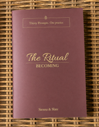 A reflection guide titled 'The Ritual BECOMING' by Sienna & Slate, featuring a dark brown cover with elegant gold foil lettering, displayed flat on a woven wicker mat.