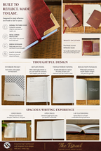 An infographic-style product presentation for a leather journal cover and matching accessories. The main subject is a red leather journal cover shown closed, with a matching red leather bookmark.
