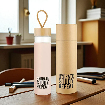 Hydrate, Study, Repeat Glass Bottle w/ Bamboo Lid - Sienna & Slate